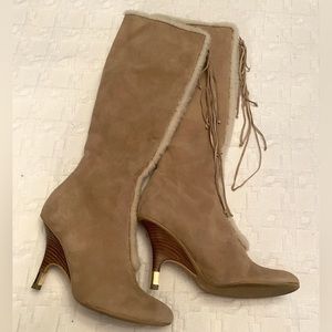 Vicini Women Suede Faux Fur High
Heel Knee High Boots Brown Tan